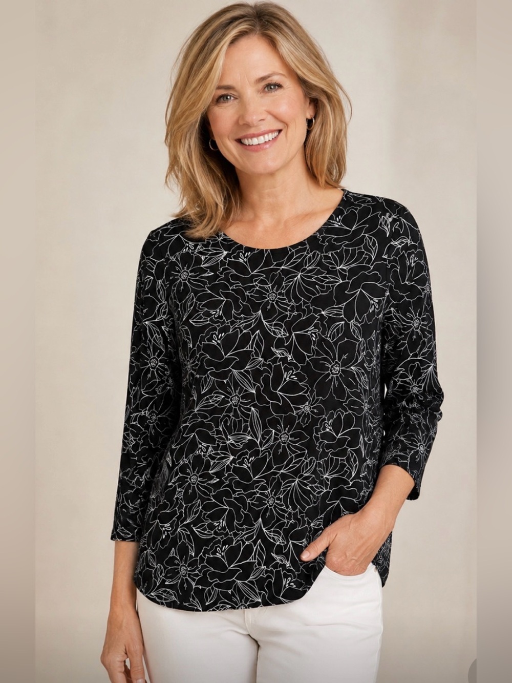 NWT J. Jill Wearever Collection Women's Black Floral Print 3/4 Sleeve Top XS